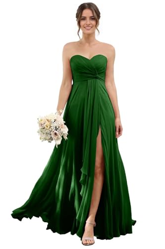 Sweetheart Chiffon Bridesmaid Dresses with Slit Long Pleated Prom Dress Strapless Formal Party Gowns