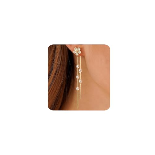 Gold Earrings for Women Trendy 14k Gold Plated Cubic Zirconia Flower Dangle Earrings Hypoallergenic Dainty Pearl Drop Chain Earrings Jewelry Gifts for Her