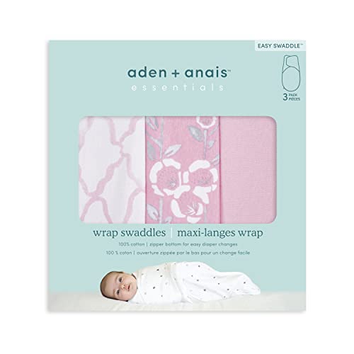 Image of aden + anais Essentials Easy Swaddle Wrap Quick Change with Bottom Zipper, Snug Cotton Knit Baby Wrap Swaddle Blanket for Newborns, TOG 1.0, 3-Pack, Pink Stencil, 0-3 Months, Small /Medium