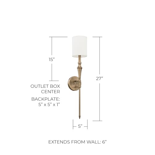 Image of Capital Lighting 628416AD-684 Amelia Decorative White Fabric Torchiere Wall Sconce, 1-Light 60 Watt, 27 inch H x 5 inch W, Aged Brass