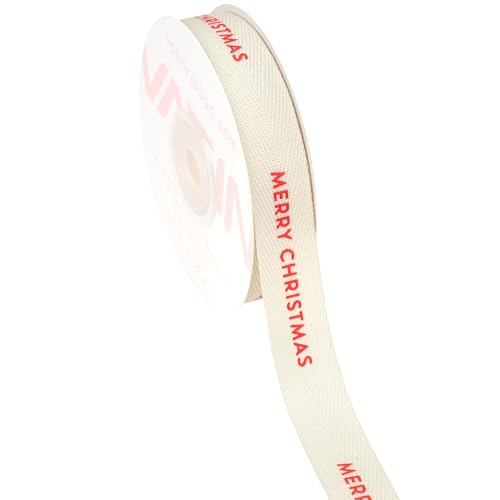 VATIN Herringbone Christmas Cotton Ribbon Printed with Merry Christmas Natural Color 5/8-inch 12 Yards Gift Ribbon Use for Gift Wraping Flower Bouquet Christmas Tree Decor Wreath Decorations