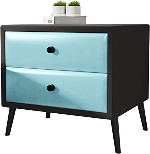 Table de chevet en cuir bleu meuble de rangement de chambre avec tiroirs en bois
