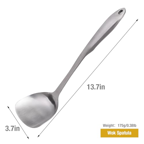 Wok Spatula 304 Stainless Steel Solid Turner for Cooking, All Metal Chinese Wok Spatula with Heat Resistant Handle, Kitchen Utensils Spatula Turner Shovel for Carbon Steel Pan, 13.7Inch/Silver