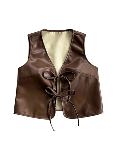 Verdusa Women's Western Leather Cowgirl Vest Bow Tie Front Sleeveless Lightweight Jacket Outerwear