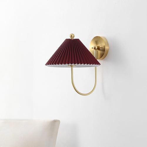 Image of SAFAVIEH Lighting Collection Chrissy Burgundy /Brass Fabric /Metal Wall Sconce Set of 2 (LED Bulbs Included)