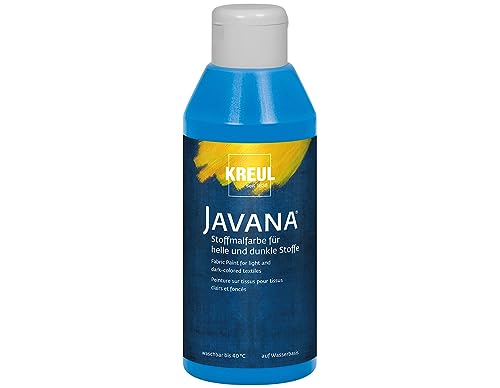 KREUL 91456 - Javana Stoffmalfarbe für helle und dunkle Stoffe, 250 ml Flasche blau, brillante Farbe auf Wasserbasis, pastoser Charakter, zum Stempeln und Schablonieren, nach Fixierung waschecht