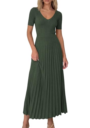 Image of PRETTYGARDEN Women's 2026 Spring Midi Sweater Dresses Elegant Pleated Ribbed Knit Short Sleeve V Neck A Line Summer Outfits