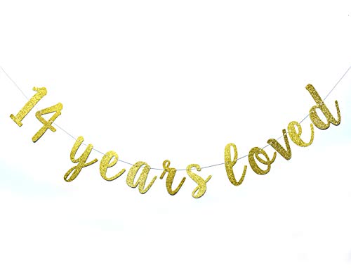 14 Years Loved Banner Sign Gold Glitter for 14th Birthday Party Decorations Anniversary Decor Pre-assembled Bunting Photo Booth Props