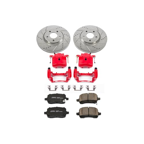 Image of PowerStop Front Brake Kit for Chevrolet Malibu 2004-08 |Pontiac G6 2005-08 |Saturn Aura 2007-08 - Carbon-Fiber Ceramic Brake Pads + Drilled & Slotted Rotors + Red Powder Coated Calipers, KC1610A