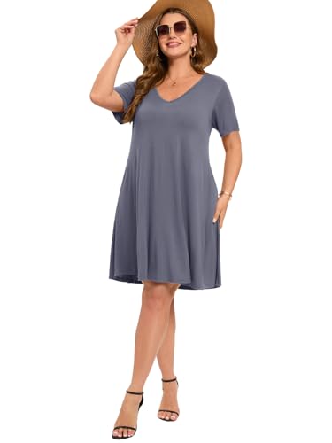 Image of ZENNILO Women's Plus Size Swing Dress with Pockets Casual Summer Dresses V Neck Short Sleeve T Shirt Dress for Women