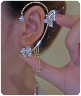 Jumwrit Aretes colgantes de mariposa con diamantes de imitación, aretes colgantes de cadena de borlas, sin perforación, aretes de oreja de flor