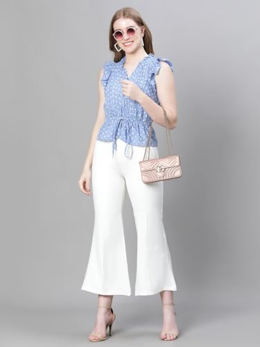 Image of oxolloxo Women Floral Print Ruffle Detailed Pleated Elasticated Tie-Up Short Sleeve Cotton Top