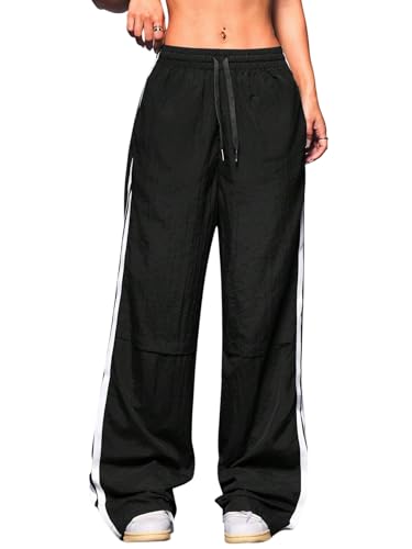 GORGLITTER Damen Breite Bein Hosen Lässig Sporthose mit Seitenstreifen Hohe Elastischer Bund Jogginghose Locker Freizeithose mit Taschen Schwarz L