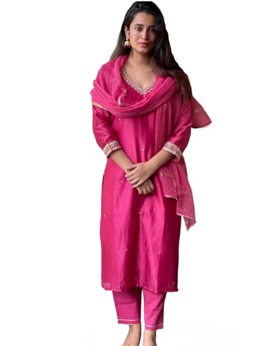 Image of ANNI Designer Women's Pure Cotton Kurta Plazzo Dupatta Set | Hand Embroidered Neck Design | Ethnic Wear Kurti Set for Women Cotton Suit Set | Traditional Festive Dress for Women
