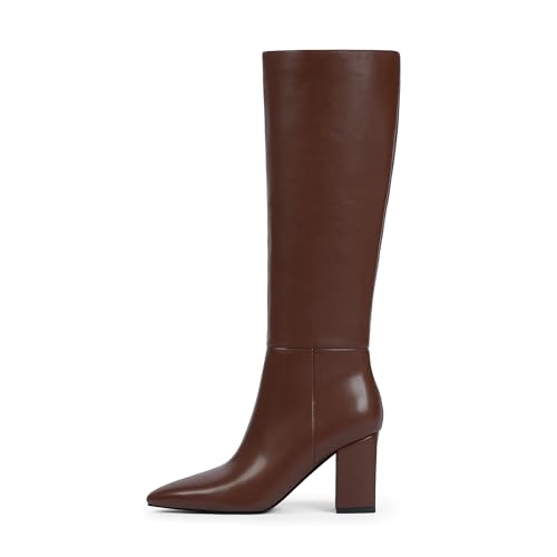 Pointed Toe Knee High Boots for Women Brown Chunky Heel Tall Boots Women Side Zipper Fall Boot Size 9.5