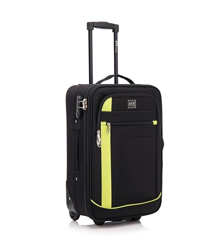 ATX Luggage 55x35x20cm Cabin Suitcase Super Lightweight Small Suitcase Approved for 100+ Airlines Including EasyJet, Ryanair, British Airways & Virgin Atlantic (Black/Lime, 21 Inches, 48 Liter)