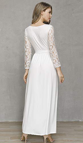Women V Neck Faux Wrap Flowy Maxi Evening Dress Tie Waist Lace Long Sleeve Casual Dresses Ivory 2XL
