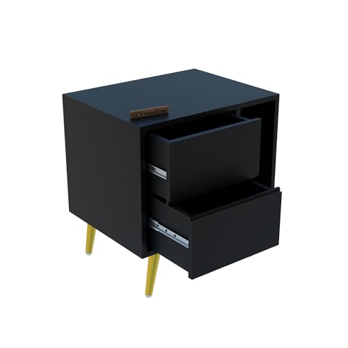 Image of Wooden Bedside Table for Bedroom | Modern Bed Side Nightstand with 2 Drawers & Shelf Storage | Lamp Table for Living Room, Home & Hotels | HDMR Wood with Iron Legs, Black (Set of 2)