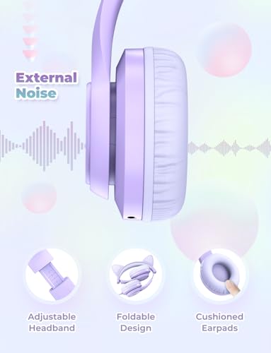 Image of iClever Kids Headphones with Cat Ear Led Light Up, Safe Volume Limite Kids Wired Headphones with FunShare Foldable Over-Ear Headphones for Kids /School /iPad /Tablet /Travel, Meow Donut-Purple