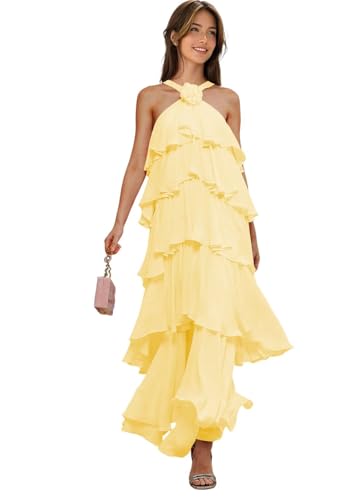 Chiffon Halter Bridesmaid Dresses for Wedding with 3D Flowers Tiered Long Formal Evening Party Dress DE588