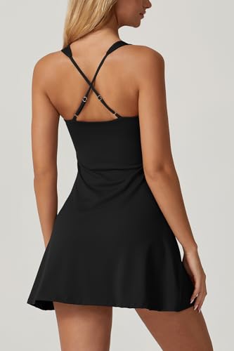 Qinsen Tennis Dress For Women Square Neck Cross Back Flare Active Workout Dress Built In Shorts Black Xl thumb #1