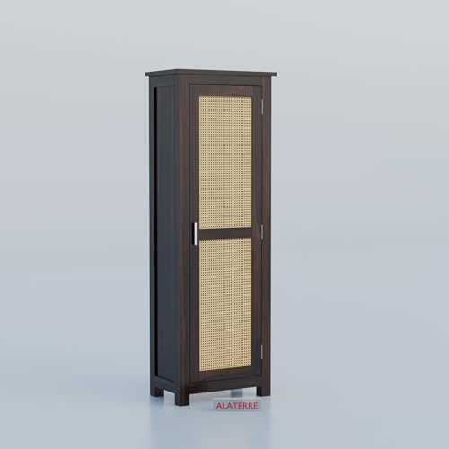 Image of Solid Sheesham Wood Wardrobe with Cane Panel Door | Single Door Wooden Storage Cabinet | Modern Tall Cupboard for Bedroom & Living Room (Walnut Finish)