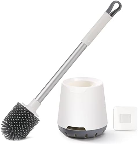 LAYUKI Toilet Brush and Holder Set, Silicone Bristles Brush Head, Long Aluminium Alloy Handle, Freestanding or Wall Mount, White & Grey