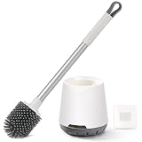 LAYUKI Toilet Brush and Holder Set, Silicone Bristles Brush Head, Long Aluminium Alloy Handle, Frees