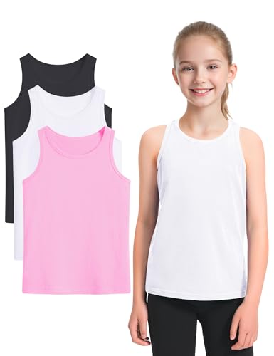 Auranso Girls Tank Tops Sleeveless Racerback Athletic Shirts Cotton Dance Outfit Workout Tops 3 Pack
