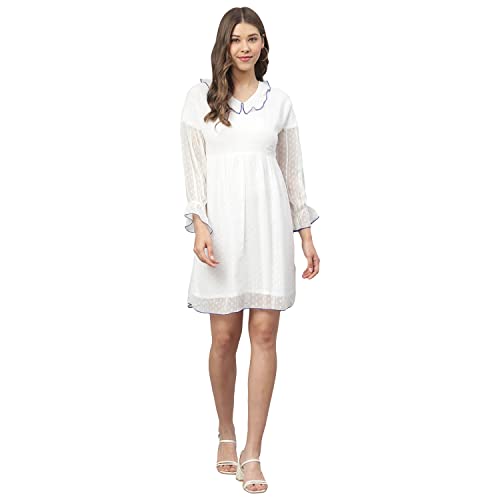 Image of DEEBACO Women's Shift Midi Knee Length Dress|Western Dress for Women|Bishop Sleeves Dress|Girl's Dress|One Piece Dress|Summer Dresses for Women Dress|Georgette Dress (Off-White)