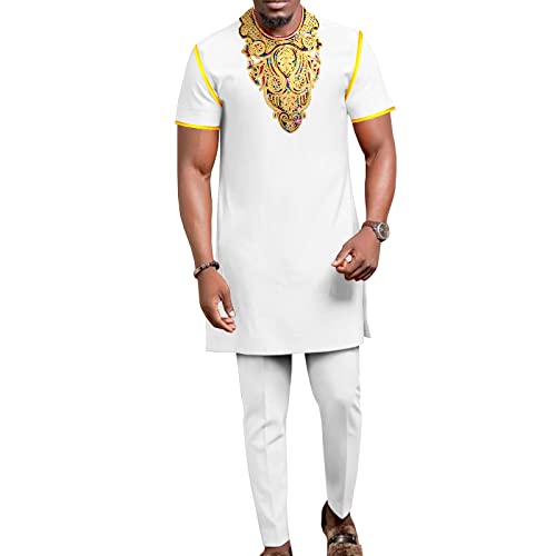 African Suits for Men Embroidery Short Sleeve Shirts and Pants 2 Piece Set Dashiki Kaftan