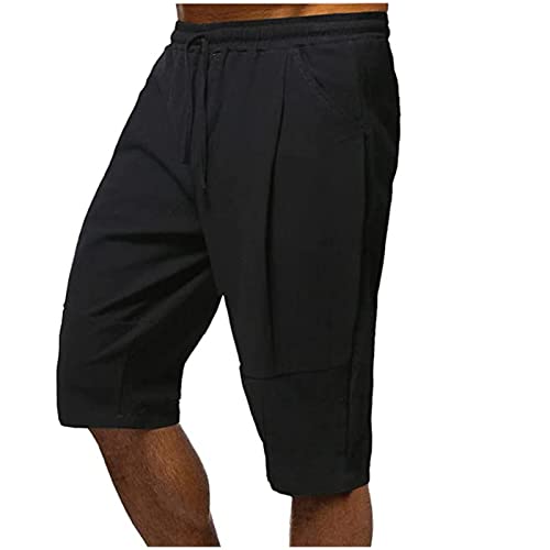 Men's Cotton Linen Shorts Summer Casual Boho Beach Shorts Stretch Drawstring Workout Gym Yoga Shorts with Pockets