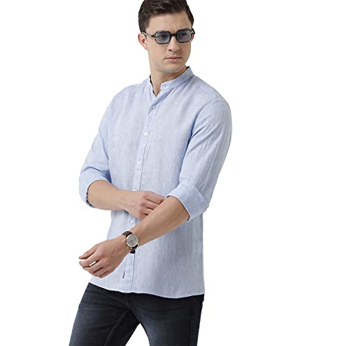 Image of Linen Club Men's Pure Linen Blue Chambray Slim Fit Full Sleeve Casual Shirt