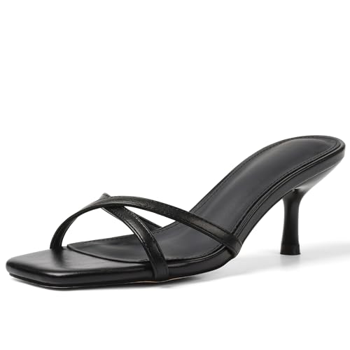 Womens Kitten Heels Open Square Toe Low Heeled Sandals Cross Band Slip on Stiletto Heels Comfort Mules Slides Summer Dress Pumps