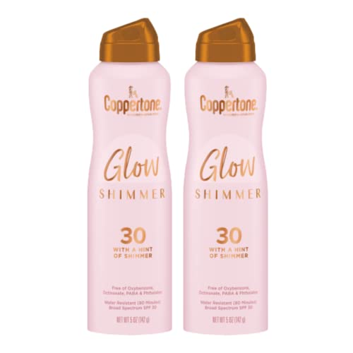 Coppertone Glow Shimmer Sunscreen Spray SPF 30, Water Resistant Broad Spectrum SPF 30 Spray Sunscreen, Free From Parabens, PABA, Phthalates, Octinoxate and Oxybenzone, 5 Oz Bottle, Pack of 2