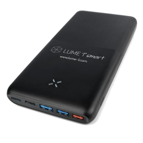 Batería portátil de 20000 mAh, 77 Wh, USB-C, Lightning, indicador LED, 4 salidas y 3 entradas, incluye cable USB-C a USB-A, batería externa para iPhone, smartphone Android, LUME-1 Smart Powerbank 2026
