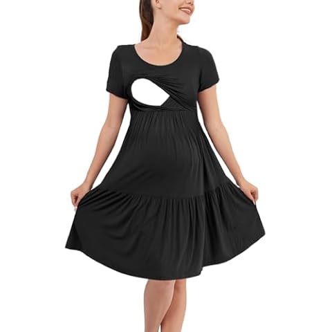 PARNIXS Women's Summer Nursing Dress Short Sleeve Maternity Knee Length Breastfeeding Dress Black Cover