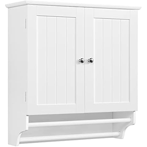 Yaheetech Hängeschrank Badschrank mit Zwei Türen & Handtuchhalter Wandschrank Küchenschrank Medizinschrank Weiß BHT ca Cover