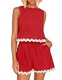 ZESICA Women's 2024 Summer 2 Piece Outfits Set Linen Lace Trim Crewneck Tank Crop Top and Shorts Lounge Pajama Sets,Red,Large