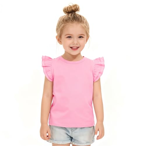 Image of LYSMuch Toddler Baby Girls Ruffle Sleeve Shirt Plain Solid Sleeveless Tshirt Top Blouse Kids Casual Clothes(Pink, 1-2T)