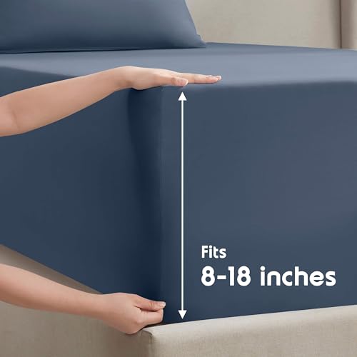Image of Nestl Split King Bed Sheet Set - Navy Blue - 5-Piece Deep Pocket | Instantly Soft, Night-One Ready (No Wash Required). Fits 16-Inch Deep Pockets, 360-Degree Elastic Grip