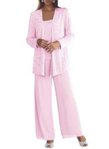 3 Pieces Mother of The Bride Pant Suits with Jacket for Wedding Lace Formal Dressy Outfits KW014 Pink