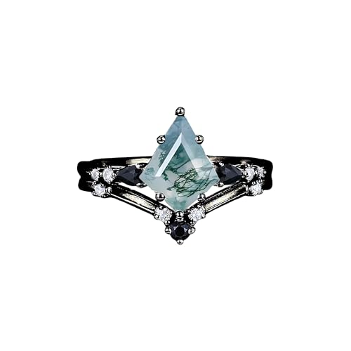 Black Natural Moss Agate Engagement Ring Set for Women Customizable Bridal Wedding Ring Promise Ring for Women 925 Sterling Silver Moss Agate Jewelry Gift for Wife(Pear/Kite Cut) - Main Image