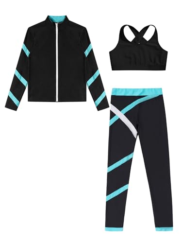 Kaerm Kids Girls Long Sleeve Contrast Color Stripe Zipper Jacket Vest and Patchwork Tights Set for Yoga Workout Running3