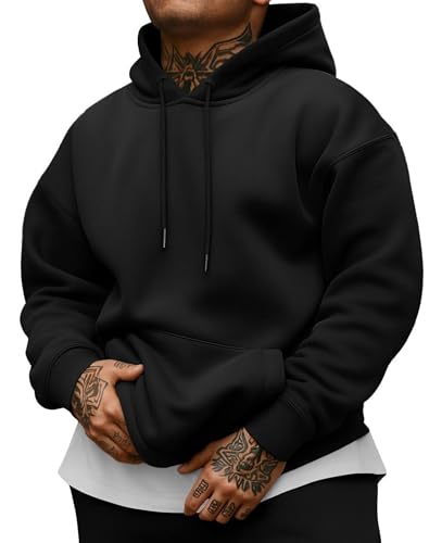 QIXING Mens Cotton Fleece Lined Hoodie Casual Warm Pullover with Kangaroo Pocket & Drawstring - Winter Streetwear Hoodies (Black L)