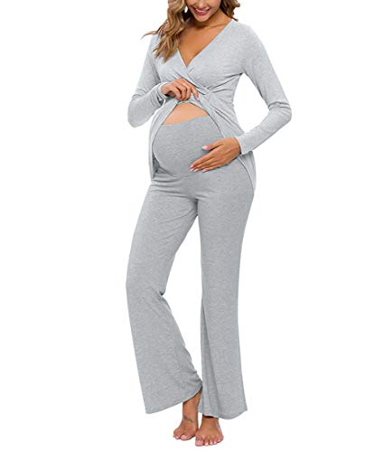Pijama de Lactancia Invierno Ropa Premamá Embarazadas Algodón Mangas Largas (Gris,L)
