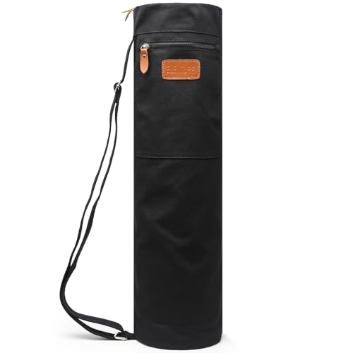 ELENTURE Canvas Yoga Mat Bag with Adjustable Strap & Pockets, Full-Zip Travel Gym Tote for Women & Men, Fits 1/4" & 1/3" Thick Mats, Lightweight Carrier for Yoga, Workout, Outdoor Use (Black-1)
