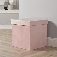 Home Source Folding Ottoman, Velvet Fabric Storage Square Box, Blush Pink