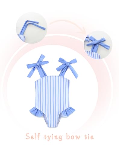 Image of Summer Little Girl Bathing Suit Ruffle One Piece Swimsuits Quick Dry Beach Swimwear for Girls 6-7T Blue Stripe