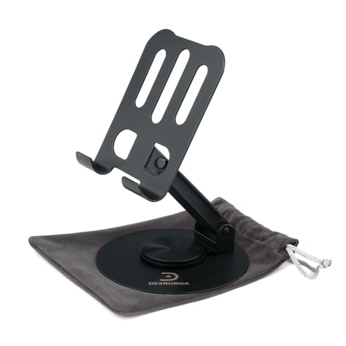 DESKORGA Soporte de teléfono de metal, base antideslizante ajustable con disipación de calor, gris, soporte de escritorio giratorio para iPad y teléfono, color gris